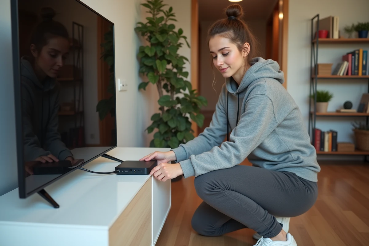 Jeune femme vérifiant la connexion Ethernet dans son appartement