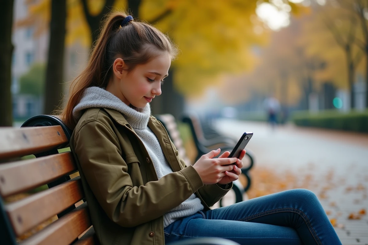 Adolescente jouant à un jeu mobile dans un parc urbain