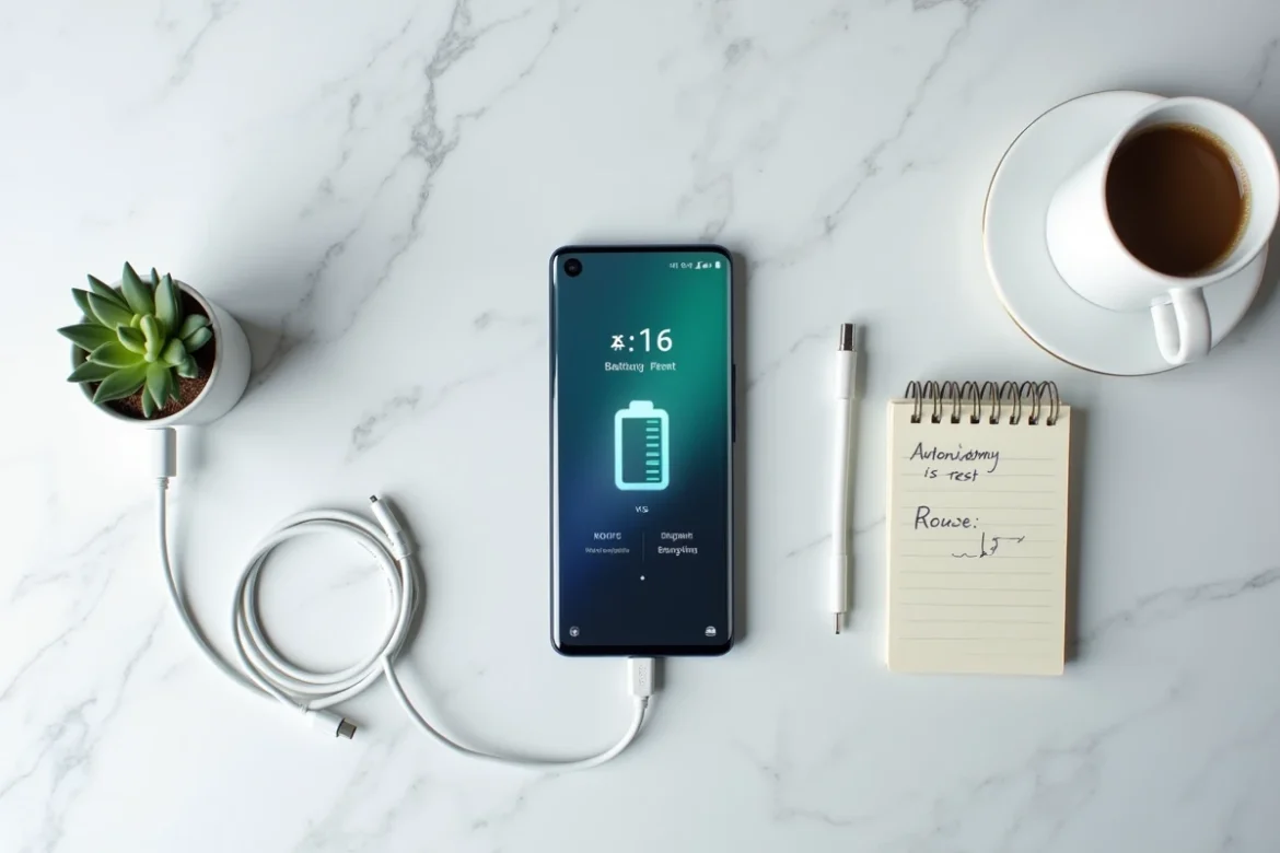 Flat lay du Xiaomi 15 affichant les statistiques de batterie sur une surface en marbre blanc avec accessoires