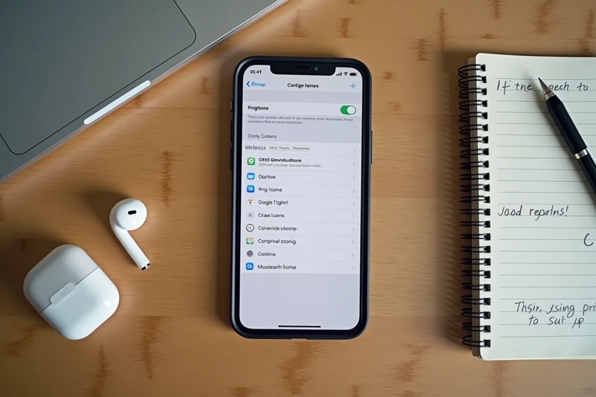 Vue du dessus d'un iPhone affichant les paramètres de sonnerie iOS sur une table en bois avec écouteurs et notes