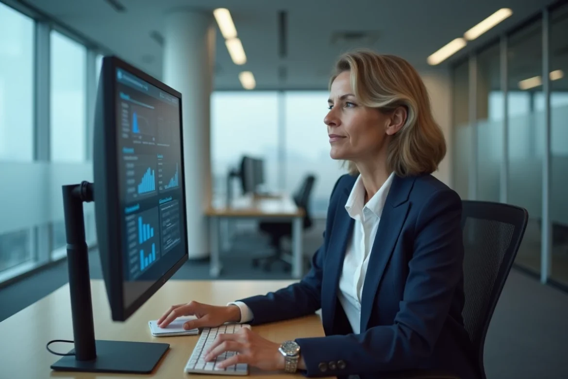 Agente de la fonction publique gérant les plannings des agents sur un intranet RH dans un bureau administratif moderne