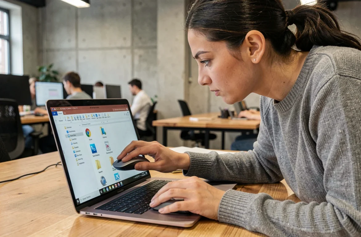 Femme glissant un fichier exécutable portable vers le bureau depuis l'explorateur de fichiers