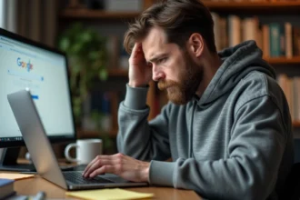 Homme frustré devant son ordinateur portable affichant Google en français au lieu de la version anglaise