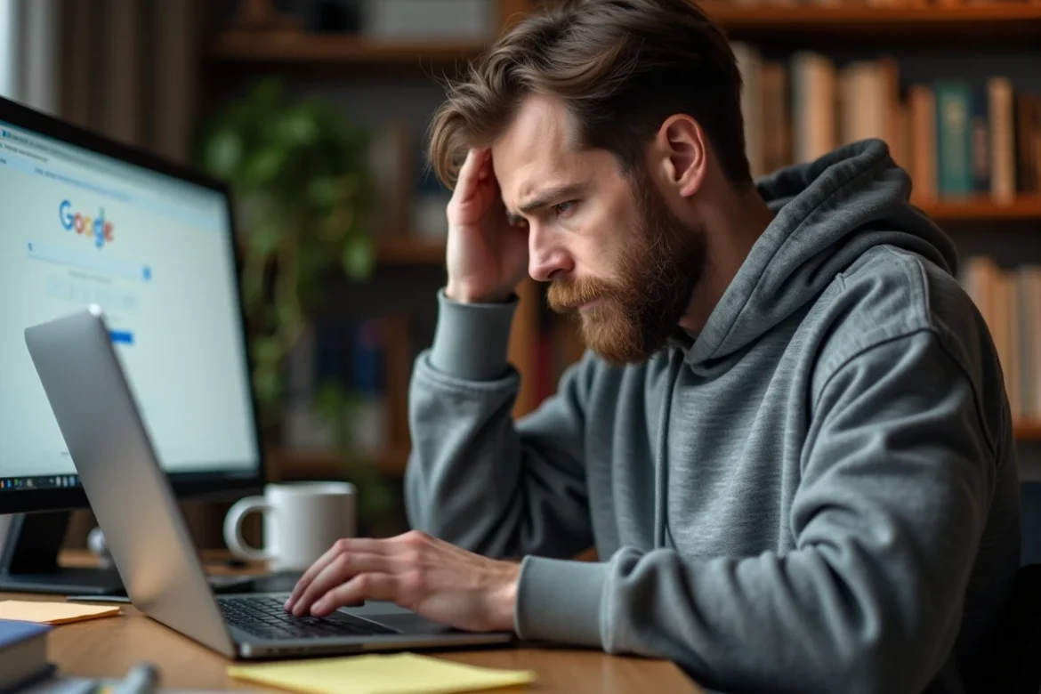 Homme frustré devant son ordinateur portable affichant Google en français au lieu de la version anglaise