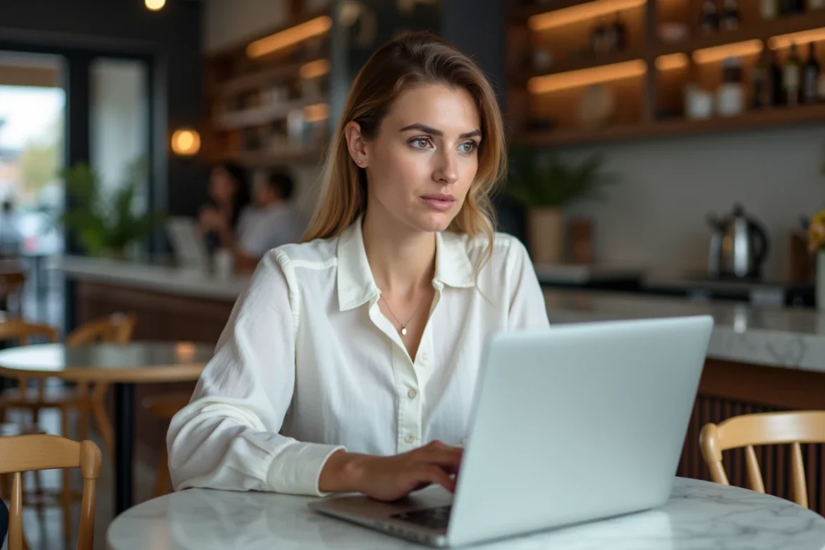 Femme dans un café consultant les paramètres de langue de Google sur son MacBook