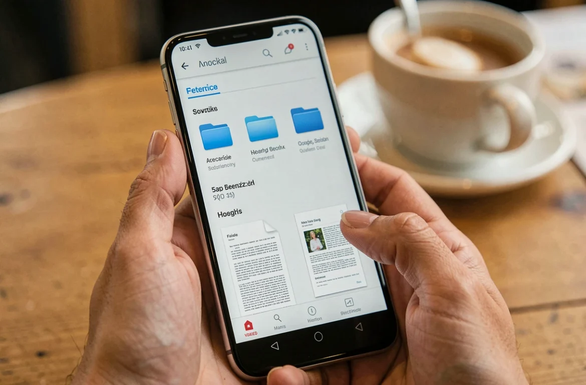 Gros plan de mains tenant un smartphone Android affichant une interface de lecteur PDF avec des dossiers organisés