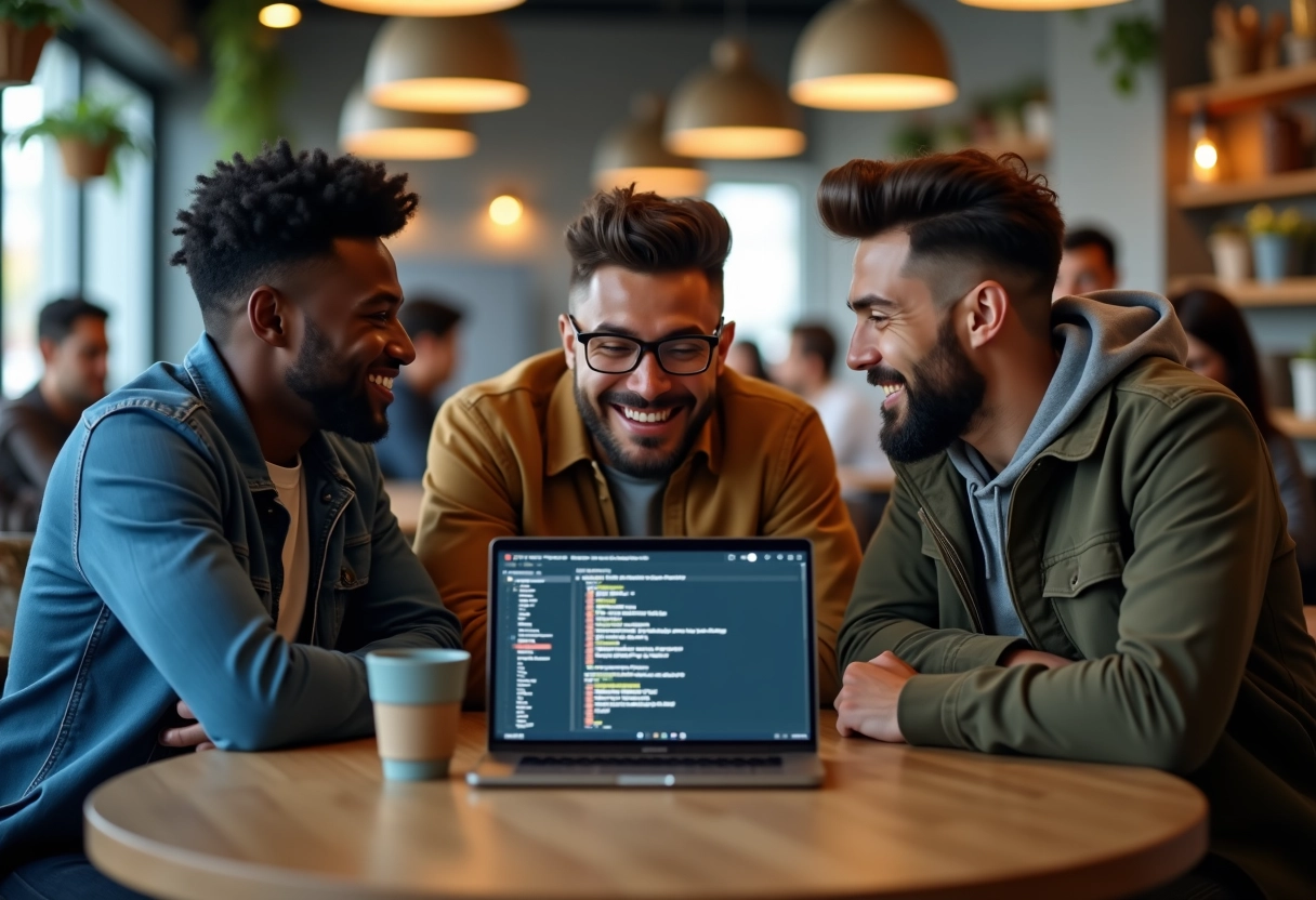 Trois amis discutant autour d’un ordinateur dans un café