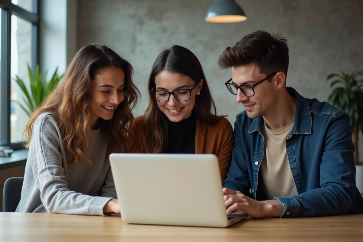 Groupe de developpeurs discutant autour d’un ordinateur dans un espace de coworking