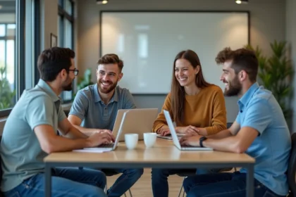 Groupe divers de quatre adultes en réunion collaborative