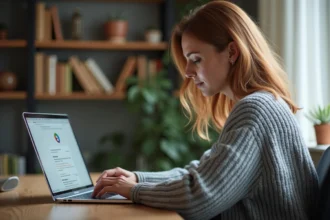 Femme consultant l'historique de navigation Chrome sur un ordinateur portable dans un bureau à domicile