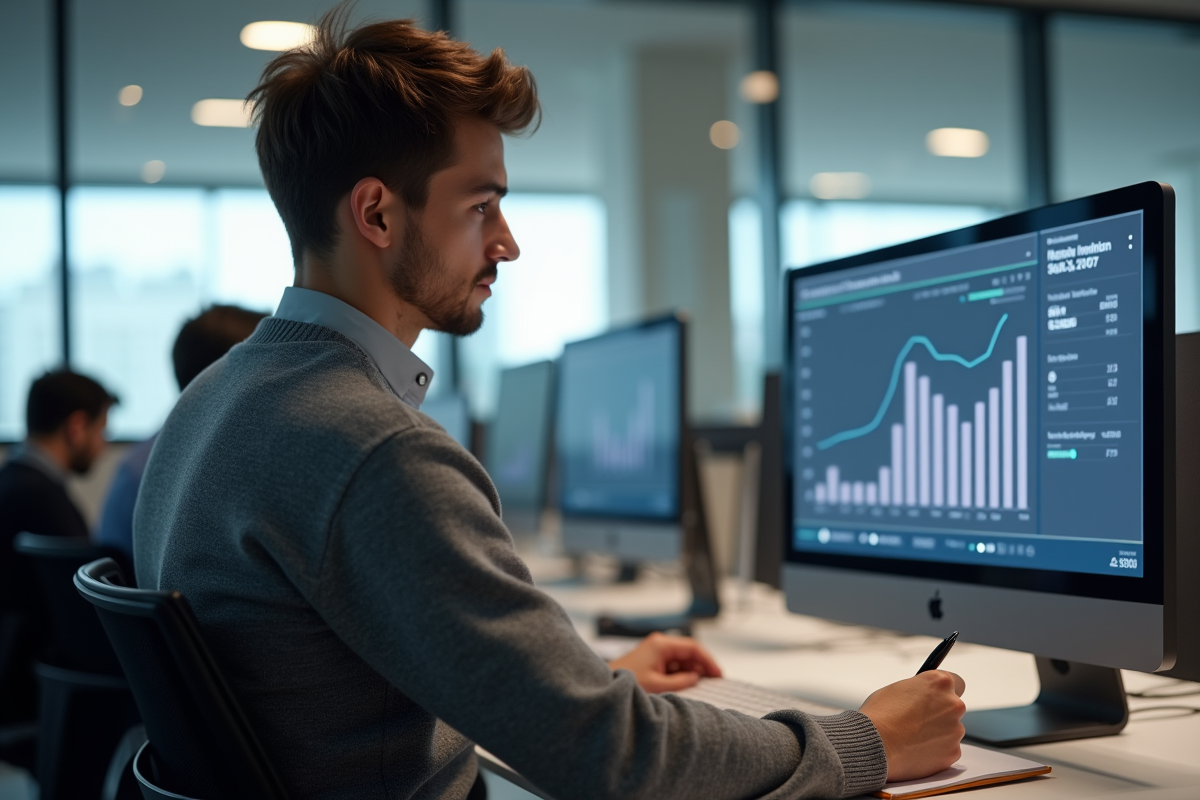 Jeune homme analysant des graphiques SEO sur un écran d