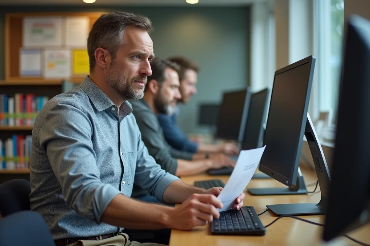 Homme dans une bibliothèque utilisant un ordinateur portable
