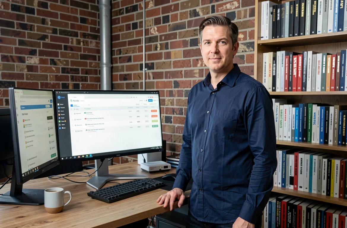 Homme dans un bureau à domicile configurant son accès internet ADSL avec un routeur et un service de messagerie webmail affiché sur deux écrans