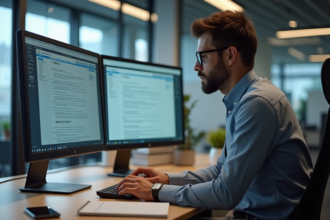 Homme de bureau regardant ses écrans email IMAP SMTP