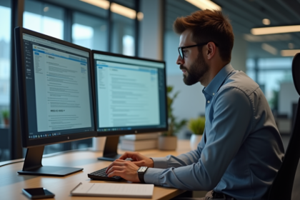 Homme de bureau regardant ses écrans email IMAP SMTP