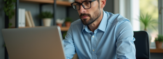 Homme en blouse bleue examine un ordinateur dans un bureau