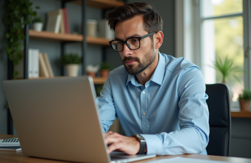 Homme en blouse bleue examine un ordinateur dans un bureau