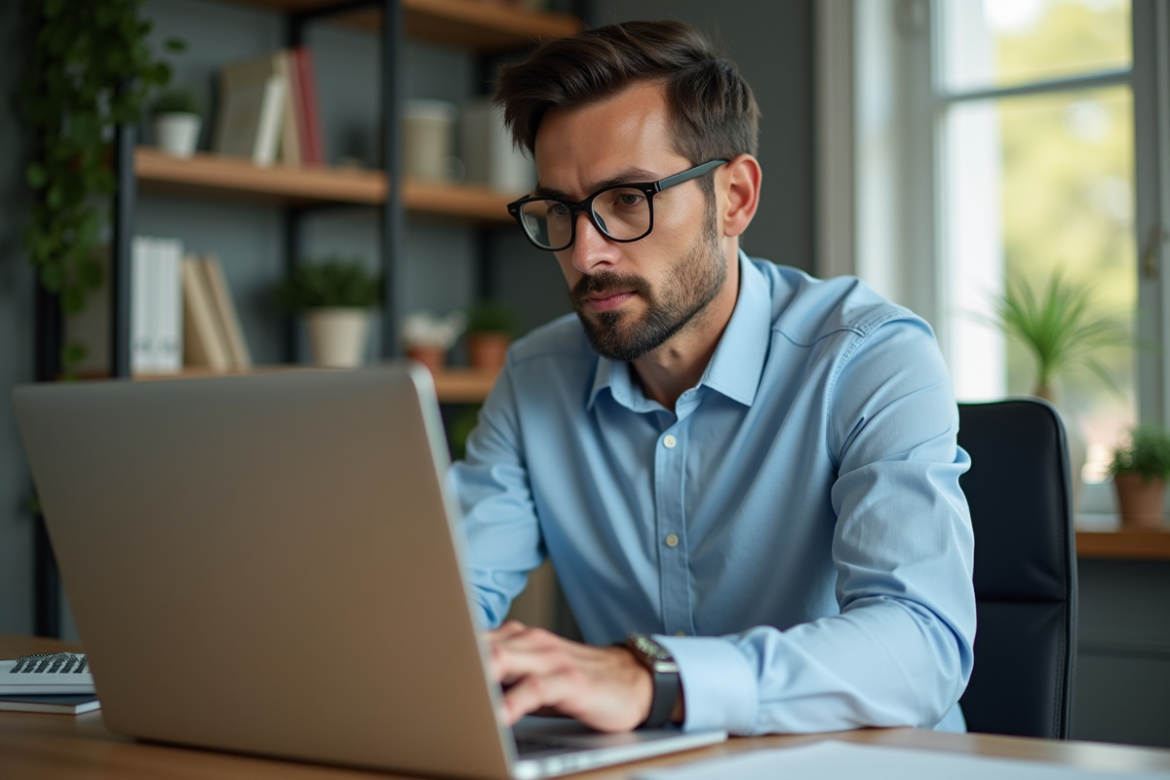 Homme en blouse bleue examine un ordinateur dans un bureau