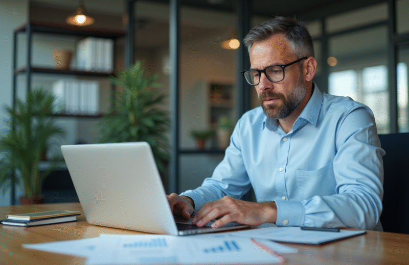 Homme d'âge moyen travaillant sur un ordinateur dans un bureau moderne