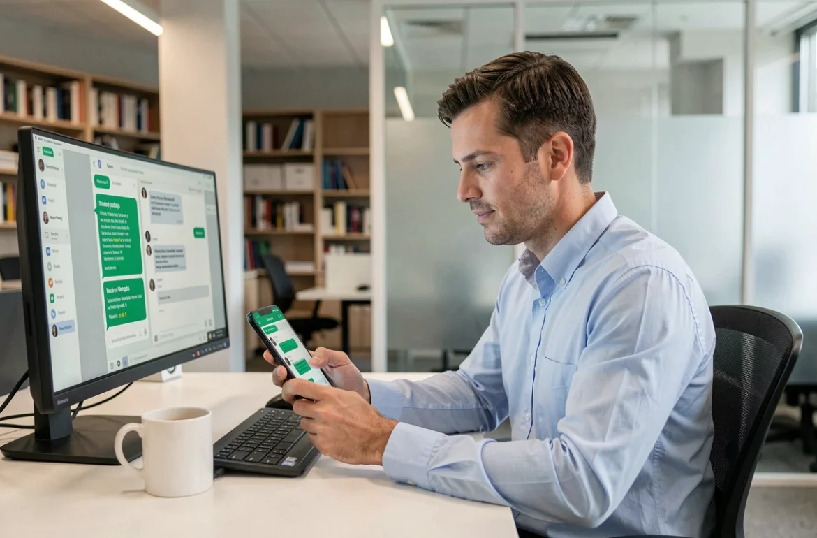 Homme en bureau programmant un message WhatsApp sur son téléphone depuis son poste de travail