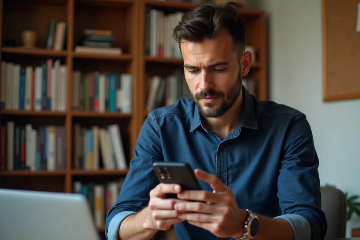Homme consultant son smartphone dans un bureau à domicile pour formater du texte en italique sur WhatsApp