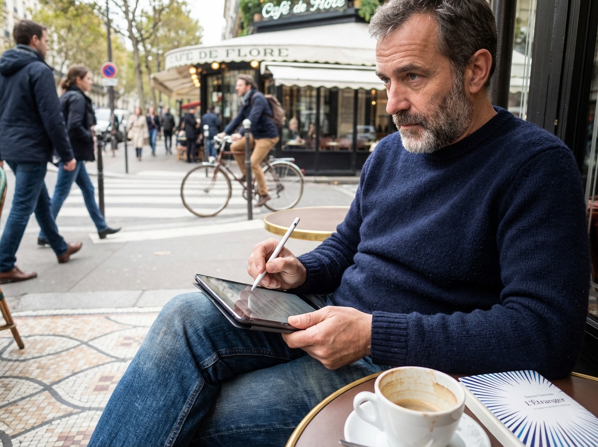 Homme au café parisien avec tablette et tasse de café