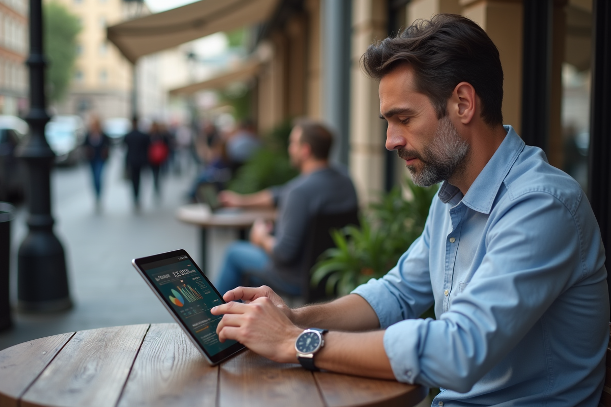 Homme travaillant sur tablette dans un café en extérieur