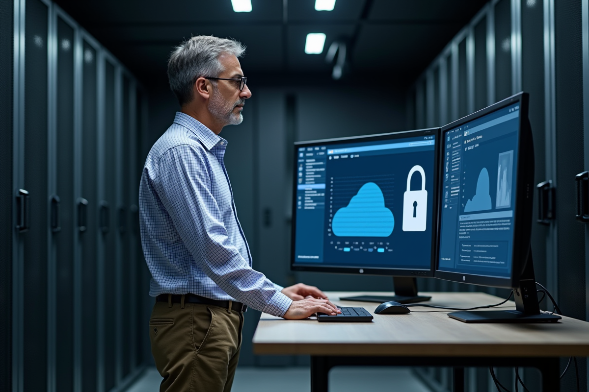 Homme en centre de données vérifiant un tableau de bord cloud