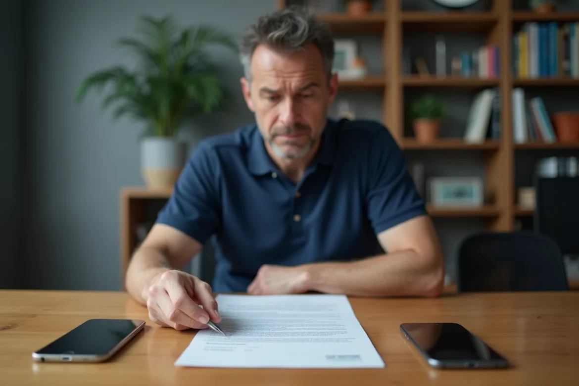 Homme comparant deux smartphones et consultant un document de garantie étendue sur un bureau à domicile