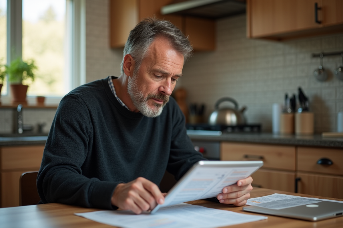 Homme lisant un document dans une cuisine chaleureuse