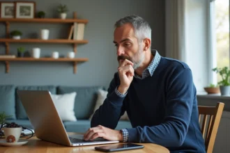 Homme d'âge moyen frustré devant son ordinateur à la maison