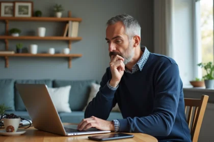 Homme d'âge moyen frustré devant son ordinateur à la maison