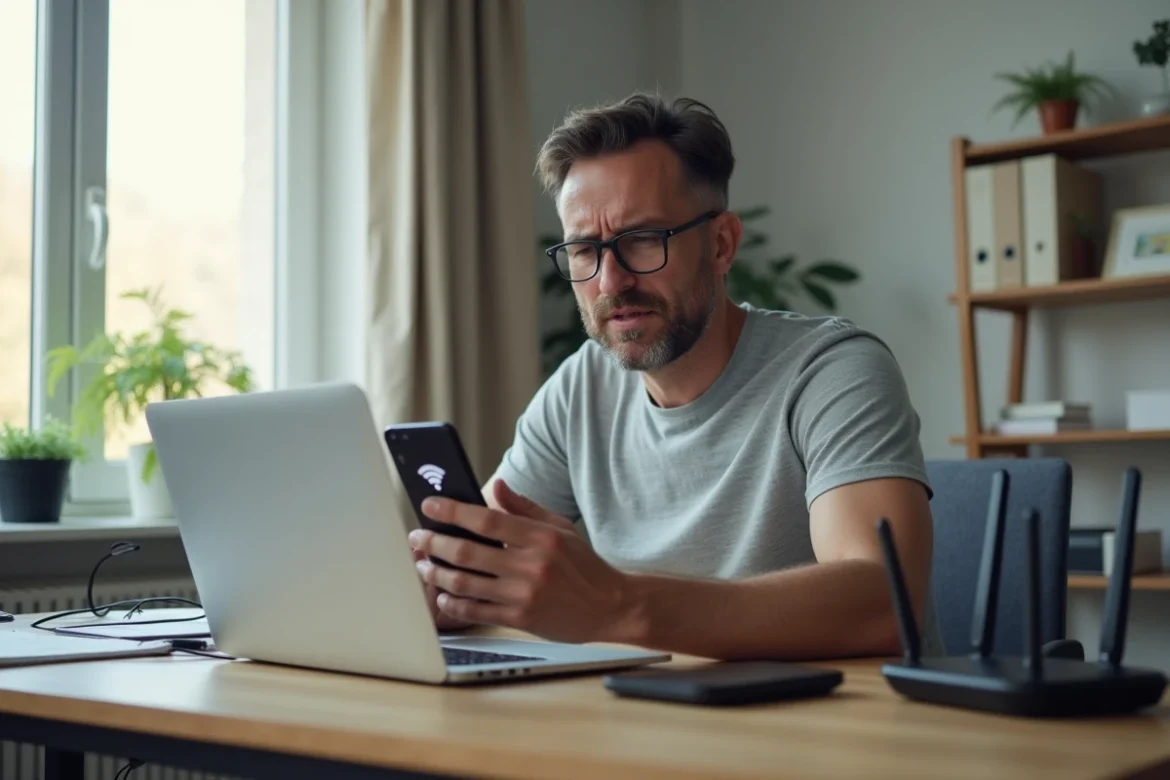 Homme frustré devant son ordinateur portable à cause d'un réseau Wi-Fi Freebox instable dans un bureau à domicile