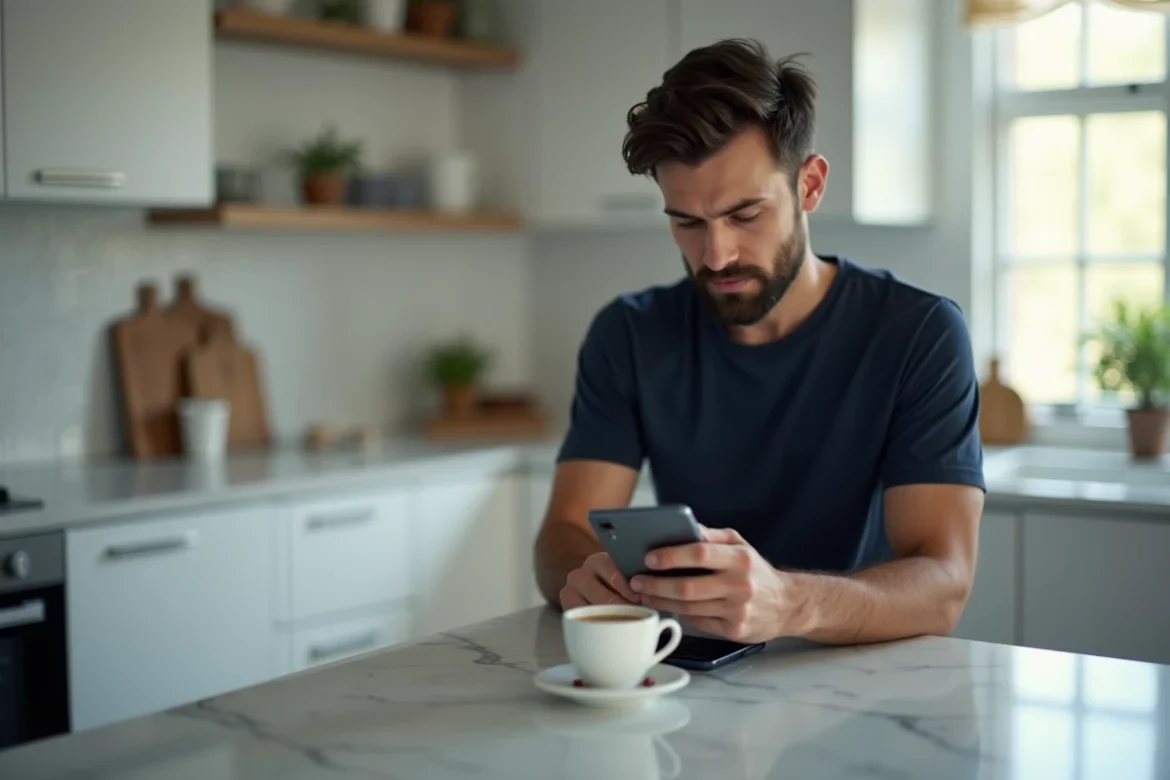 Homme consultant les réglages de sonnerie sur un iPhone posé sur un comptoir de cuisine