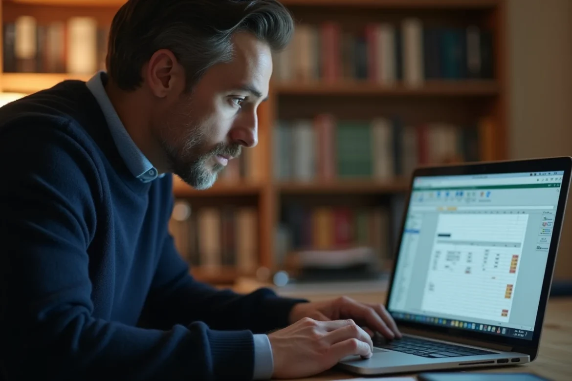 Homme concentré utilisant la fonction de collage spécial d'Excel pour transposer des données sur un ordinateur portable