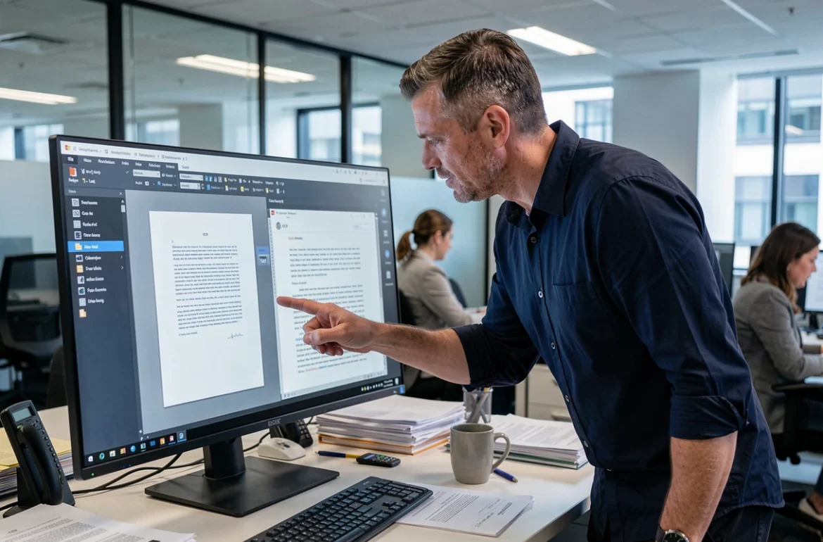 Homme en bureau open space utilisant un logiciel OCR pour rendre un document PDF cherchable sur grand écran