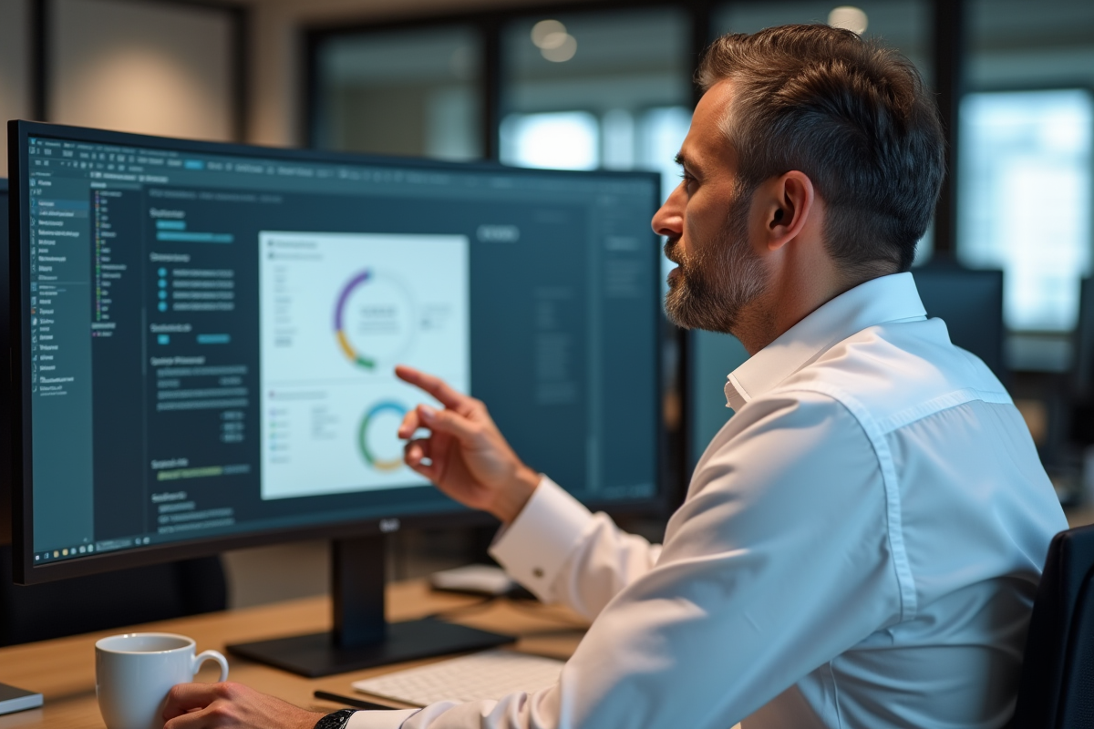 Homme en chemise contrôlant un moniteur de systeme informatique