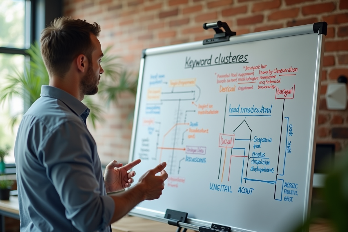 Homme expliquant des graphiques de mots-clés en coworking