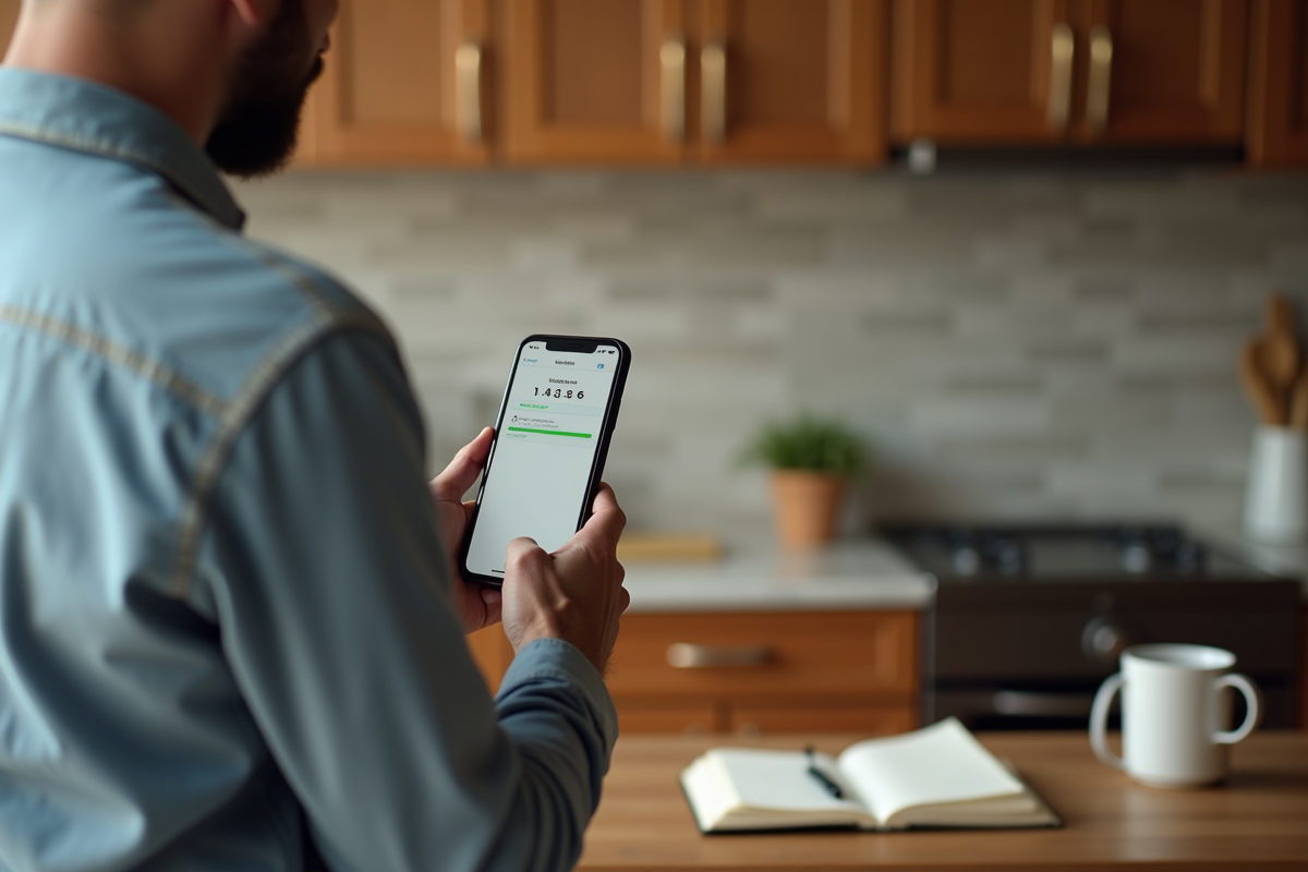 Homme regardant son smartphone dans une cuisine chaleureuse