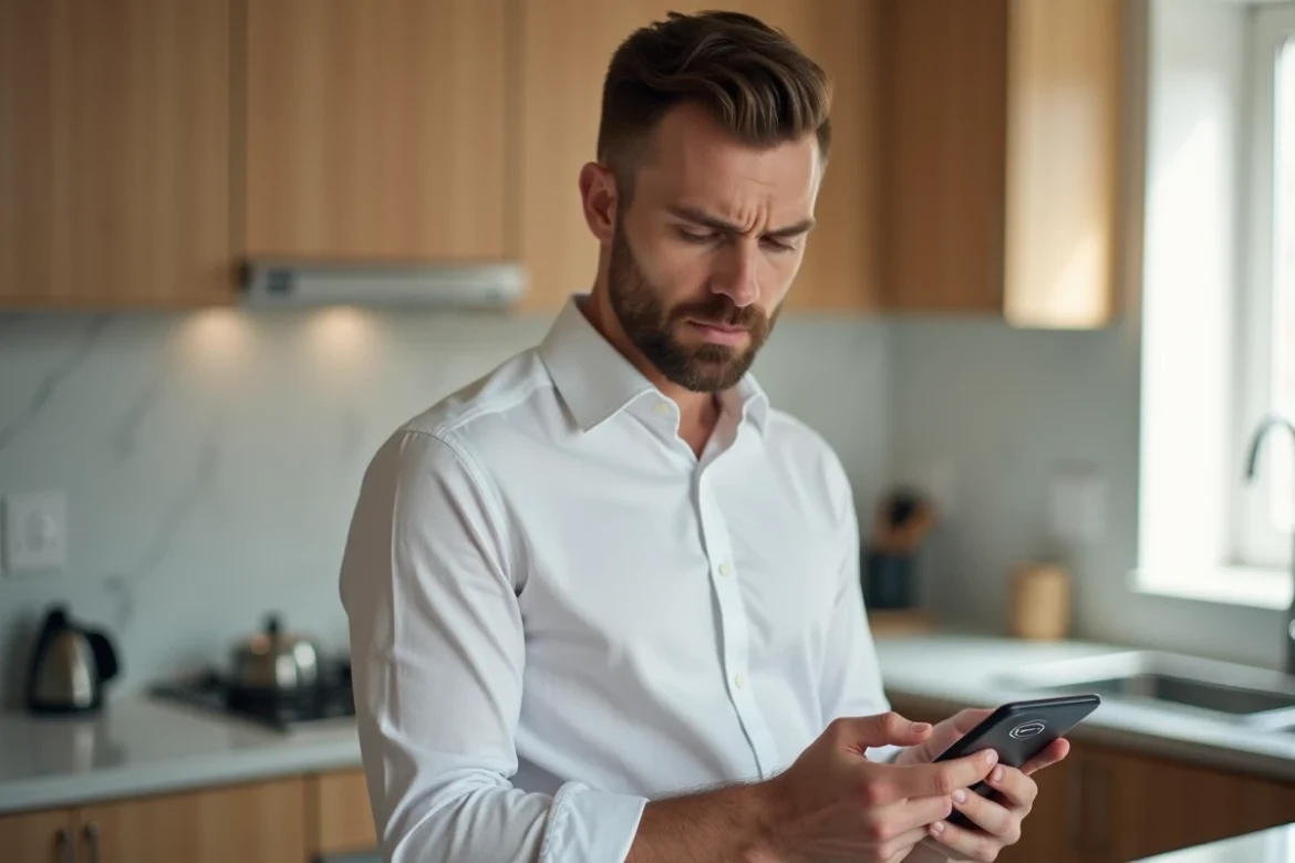 Homme vérifiant sa messagerie Orange sur smartphone avec chargement lent dans une cuisine moderne