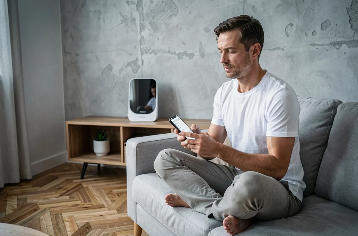 Homme cherchant le mot de passe WiFi de sa Freebox Delta sur son smartphone dans un salon moderne