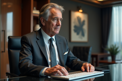 Homme en costume dans un bureau élégant avec ordinateur luxueux