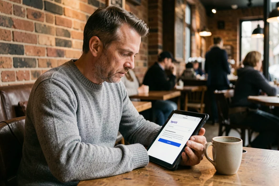 Homme consultant une tablette dans un café pour choisir un pseudo professionnel pour son compte Yahoo