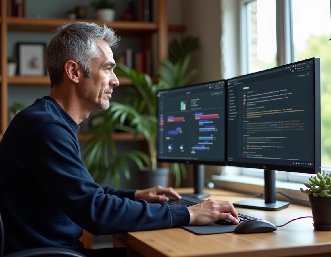 Homme en télétravail optimisant son flux de travail avec un logiciel de transfert de fichiers sur double écran à domicile