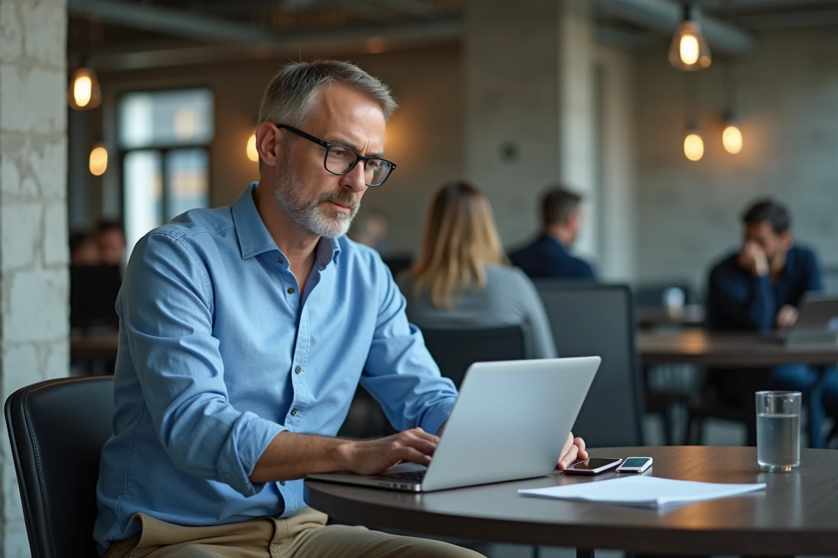 Homme d age moyen travaillant sur son ordinateur dans un espace coworking