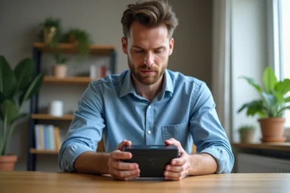 Homme vérifiant le code WiFi sur une box internet dans un salon lumineux