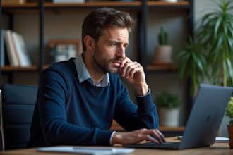 Homme d'âge moyen utilisant un VPN dans son bureau moderne