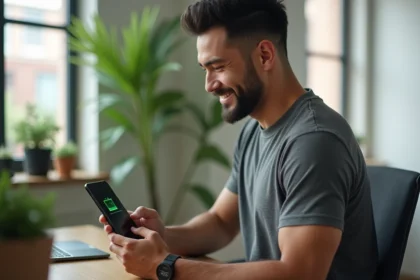 Homme tenant un smartphone Xiaomi 15 et vérifiant l'autonomie de la batterie dans un bureau moderne