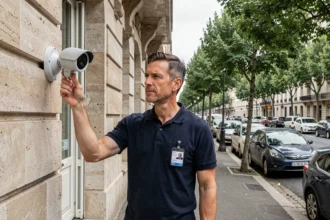 Technicien professionnel installant une caméra de vidéosurveillance sur un immeuble haussmannien en Île-de-France