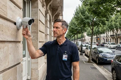 Technicien professionnel installant une caméra de vidéosurveillance sur un immeuble haussmannien en Île-de-France
